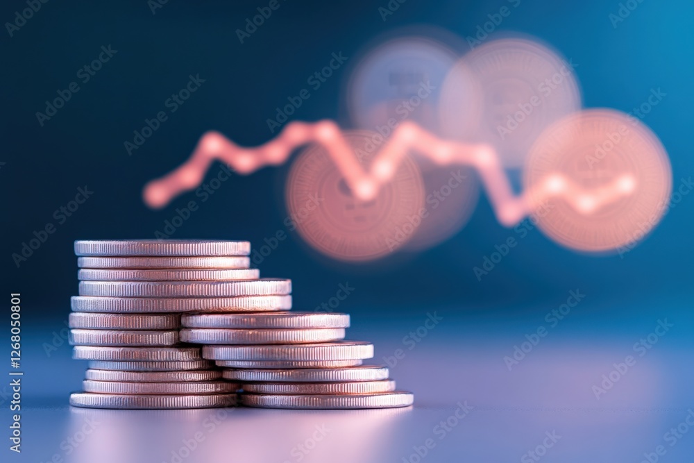 Poster stack of coins with blurred graph background