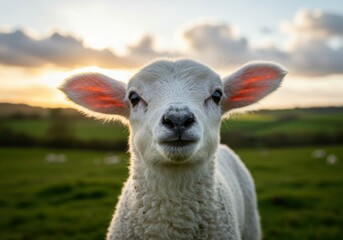 Obraz premium A serene spring scene featuring a fluffy white lamb surrounded by wildflowers and soft light.