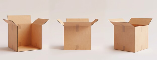 Set of three brown kraft cardboard boxes in 3D, presented from different angles on a white background. Useful for online store product visuals, shipping materials, and warehouse organization.