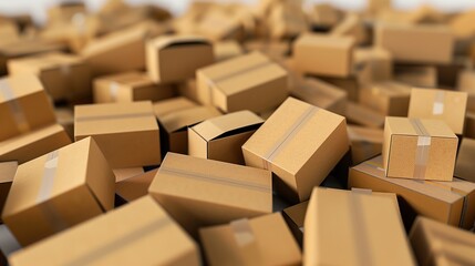 A large stack of cardboard boxes in a realistic 3D-rendered setting with a beige and selvedge background, highlighting e-commerce logistics, storage, and global trade solutions.