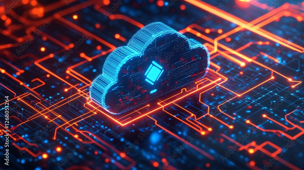 Aufkleber abstract digital cloud computing network data technology illustration bright blue red neon circuit b