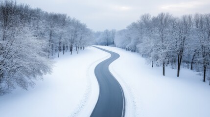 Fototapeta premium Winding road through a snow covered winter landscape