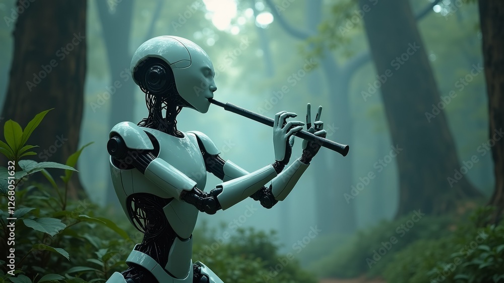 Poster robot playing flute forest robot standing center its body facing towards right side frame wearing wh