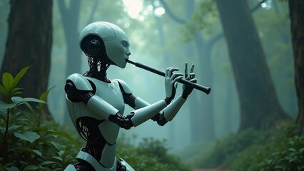 Fototapeta premium robot playing flute forest robot standing center its body facing towards right side frame wearing white helmet black visor has robotic like appearance background filled tall trees lush greenery