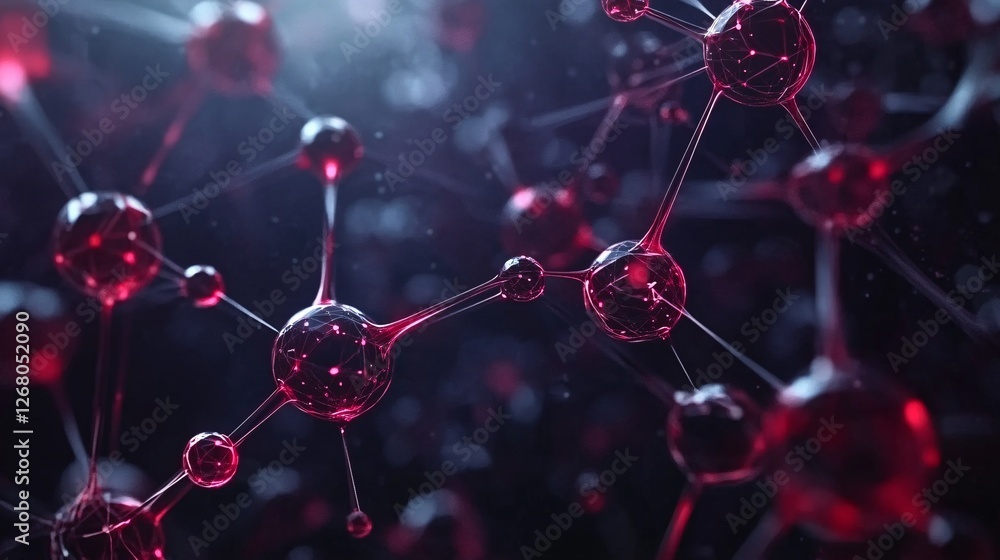 Poster abstract red molecular structure network digital art science technology background deep dark elegant