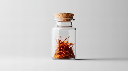 A small glass jar with a cork top contains a pile of dried saffron threads. Minimalist product shot on a white background.