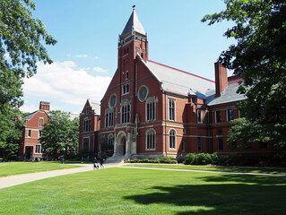 grand red brick university hall with Gothic architecture featuring pointed arches large windows and a steep roof surrounded by a lush green lawn

