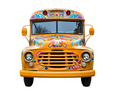 Front view of a bright yellow school bus with a cheerful design,