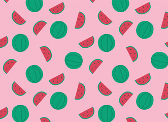 Seamless pattern with watermelons. Cute fun print with green watermelons and slices on a pink background. Bright fruit background for websites, printing on children's clothing, fabrics, packagin