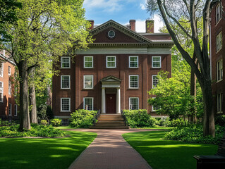 A symmetrical red brick college building with white accents surrounded by lush trees and a green lawn featuring a straight brick pathway leading inside


