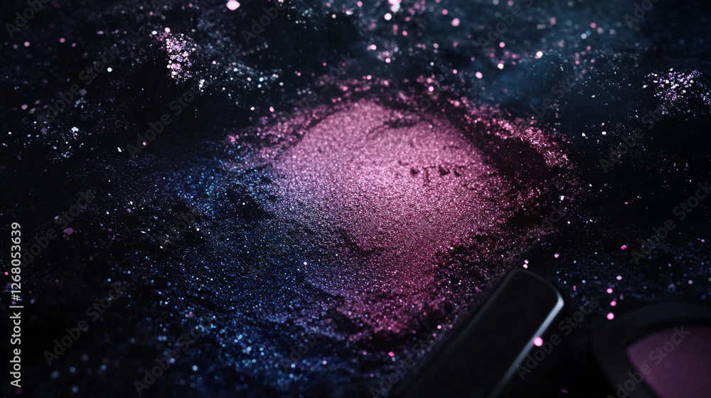 Poster sparkling makeup pigments on a dark surface create a stunning visual display of color and texture