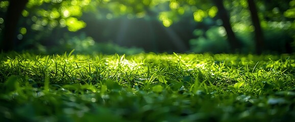 Fototapeta premium Sunlit grass, forest background, nature scene, peaceful