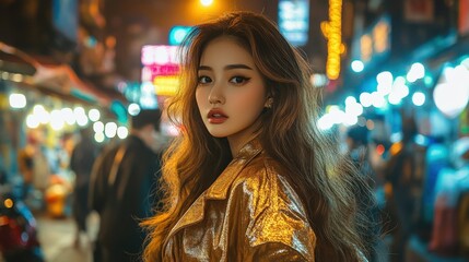 Fototapeta premium Young Woman Poses in Golden Jacket Night City Lights