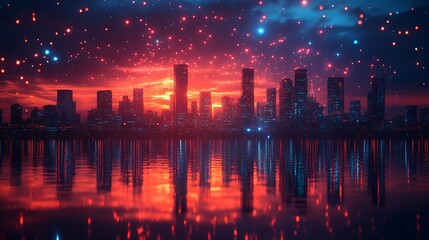 futuristic cityscape digital holograms glowing lights high resolution hd picture