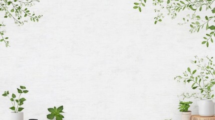 Obraz premium A minimalist background featuring greenery and potted plants on a white surface.