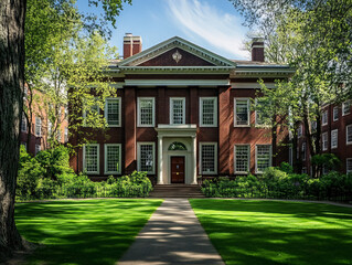 A symmetrical red brick college building with white columns surrounded by lush greenery and a neatly trimmed lawn under a sunny sky

