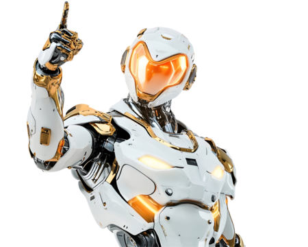 Futuristic humanoid robot with glowing features, pointing upwards in a visionary pose.