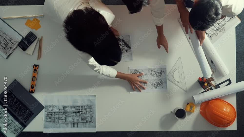 Poster top down view of smart architect engineer place document at meeting table with safety helmet and pla