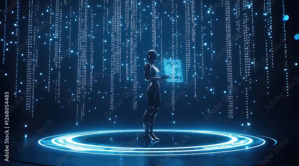 Poster robot holding data screen in digital rain