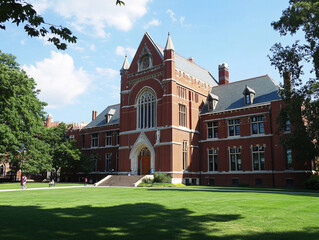 Fototapeta premium A grand historic red brick college building with arched windows and a lush green lawn under a bright blue sky with scattered clouds