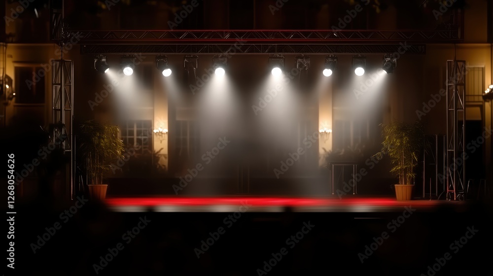 Poster a stage setup with lights, ready for a performance.