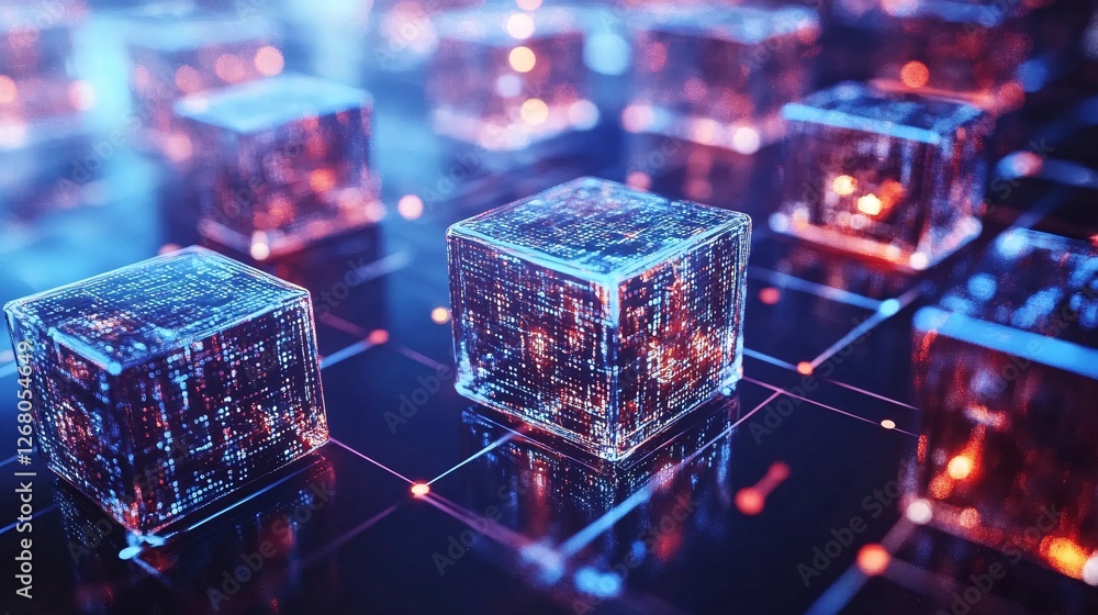 Poster abstract digital cubes network futuristic technology data blocks illuminated glowing red blue neon l