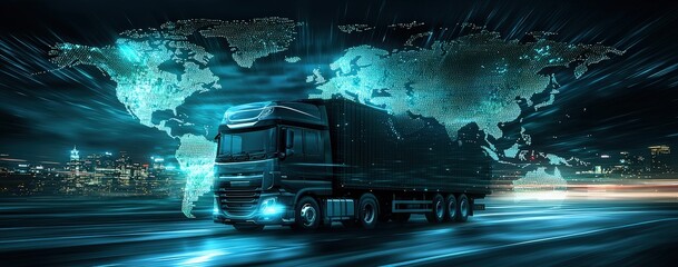 Concept of a Futuristic Truck on a Night Road with Digital Lights, Highlighting Global Logistics and Modern Technology (Logistics, Technology, Freight Transport Concept)