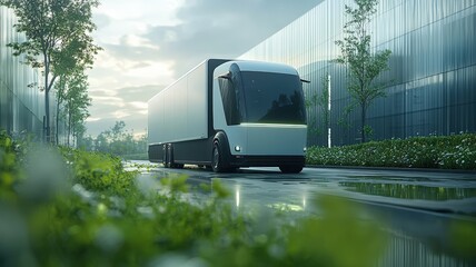 Futuristic Electric Truck on a Wet Road Surrounded by Greenery and Modern Buildings, Highlighting Eco-Friendly Future Technologies (Electric Transportation, Eco-Friendliness, Future Technologies)