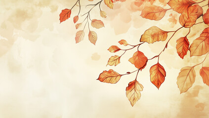 Vintage autumn background with falling leaves and space for text. Vintage background.  Abstract fall wallpaper design. Autumn leaf branch on beige background. Hand drawn vintage autumn background