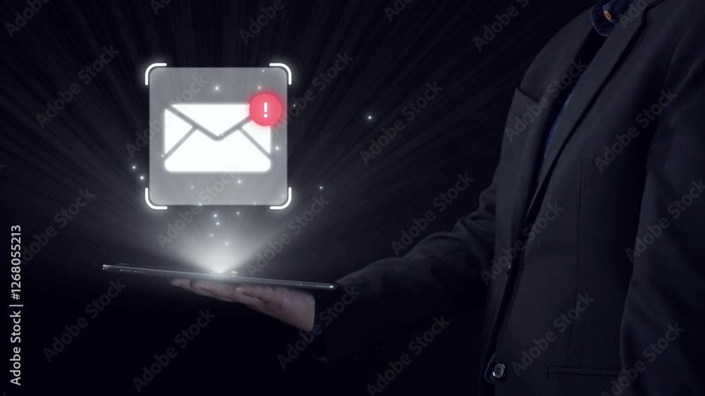 Poster business person checking email inbox, organizing and prioritizing messages for better productivity. 
