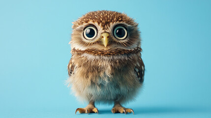 Obraz premium Adorable little owl with wide eyes standing against a soft blue background, perfect for wildlife photography, bird-themed content, and nature-inspired art.