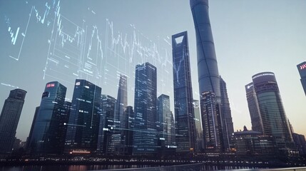 Modern City Skyline Financial District Buildings Evening Urban Architecture Digital Overlay Stock Photo Image data view blue grey night tower steel   