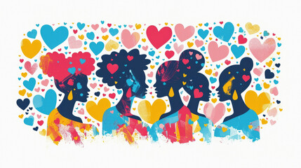 Obraz premium Abstract silhouettes of women in vibrant colors with floating hearts on a white background. Concept of love, unity, and empowerment