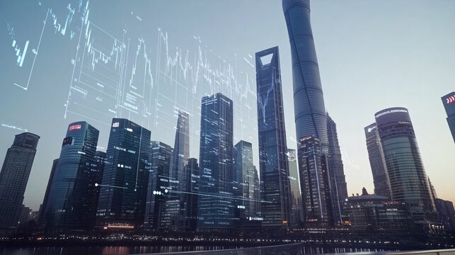 Modern City Skyline Financial District Buildings Evening Urban Architecture Digital Overlay Stock Photo Image data view blue grey night tower steel   