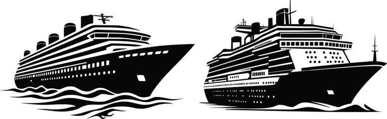 Obraz premium Two High-Contrast Black And White Vector Illustration Of Cruise Ship