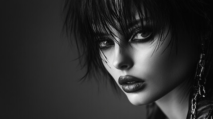 Fototapeta premium Portrait of a confident woman with edgy hairstyle and striking makeup in monochrome