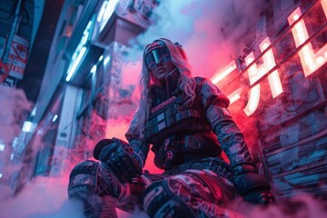 futuristic cyberpunk woman posing in a neon-lit, smoke-filled setting with vibrant colors inspired by the 80s sci-fi and synthwave trend.