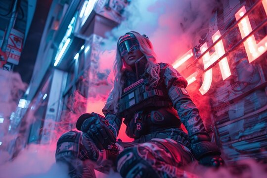 futuristic cyberpunk woman posing in a neon-lit, smoke-filled setting with vibrant colors inspired by the 80s sci-fi and synthwave trend.