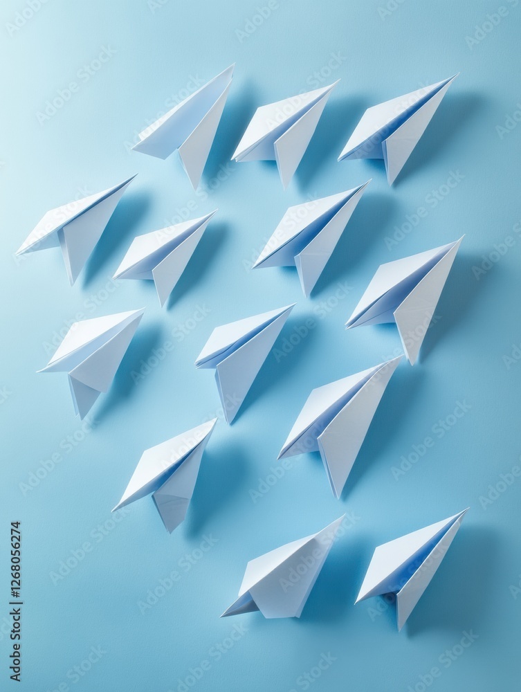 Poster Group of paper planes flying in one direction with a single plane pointing the opposite way showcasing creativity and innovation. Generative AI