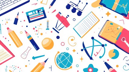 Colorful school supplies flat lay; education, learning