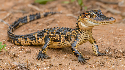 Fototapeta premium Baby alligator wildlife, sandy habitat, natural background, nature documentary