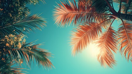 Colorful photo of the sky and palm trees view from below, vintage tropical summer background