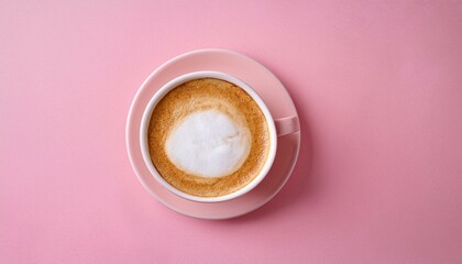 a cup of coffee on pink background trendy minimal styled flat lay photography with cappuccino