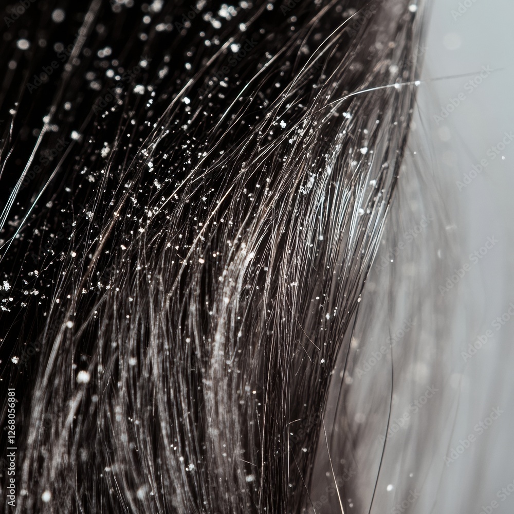 Aufkleber close up view of dandruff flakes on dark hair strands with space for text and information. generativ
