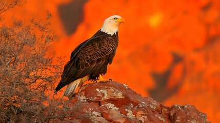 Fototapeta premium Majestic Bald Eagle perched on rock, sunset canyon backdrop, wildlife photography, nature documentary