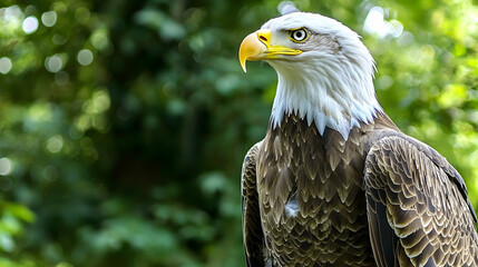 Obraz premium Majestic Bald Eagle Perched in Lush Forest, Wildlife Sanctuary, Nature Background, Conservation Poster