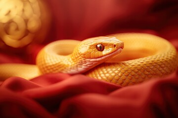 Fototapeta premium Golden Snake Coiled on Red Silk