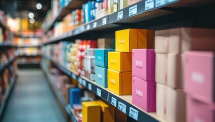 Vibrant Retail Aisles: Colorful Product Packaging on Shelves