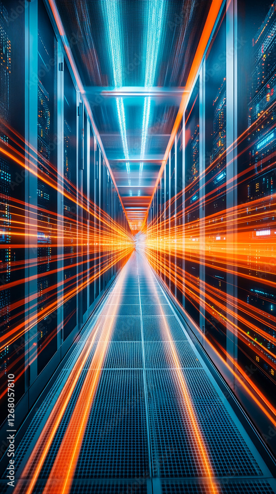 Poster data center with rows of server racks, bright streaks of orange and blue light representing fast dat