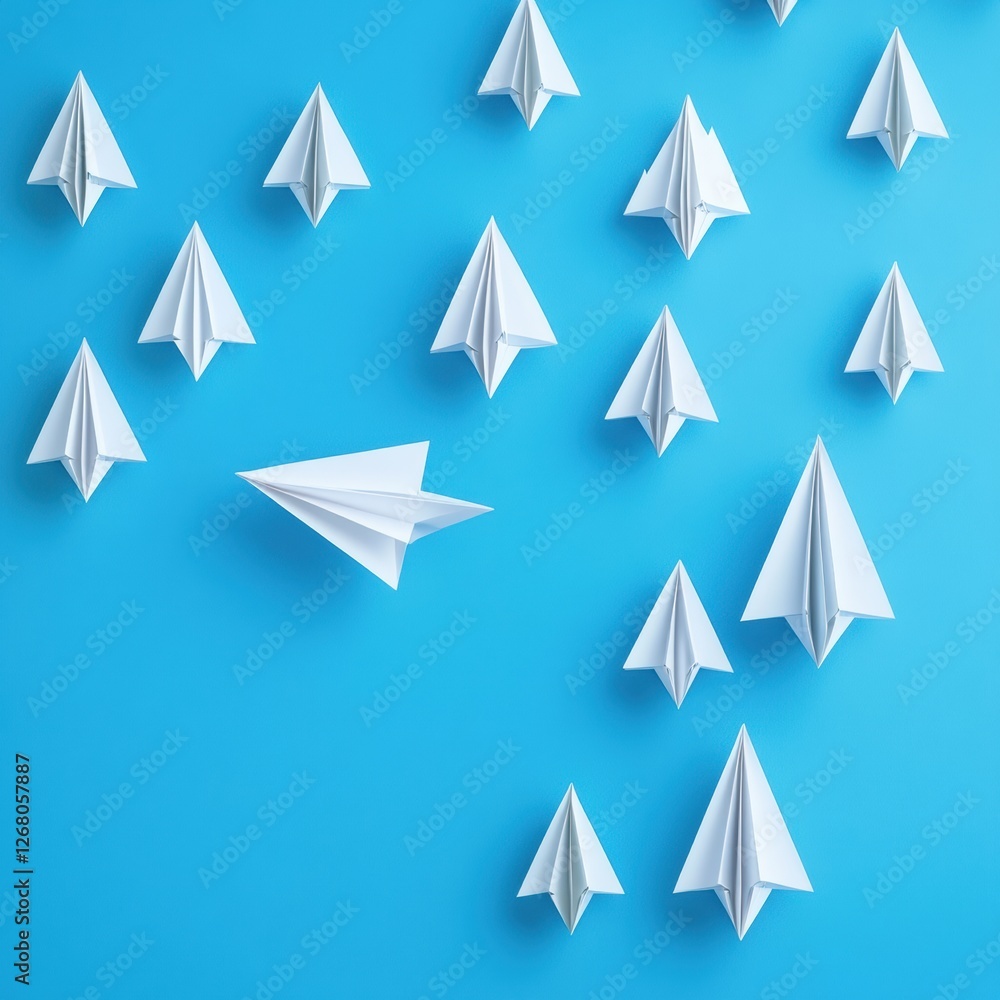 Poster group of paper planes moving in one direction with one plane pointing differently to symbolize innov